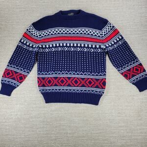 VTG Sedgwick Fair Isle Ski Sweater Blue Red White Acrylic L Winter Holiday